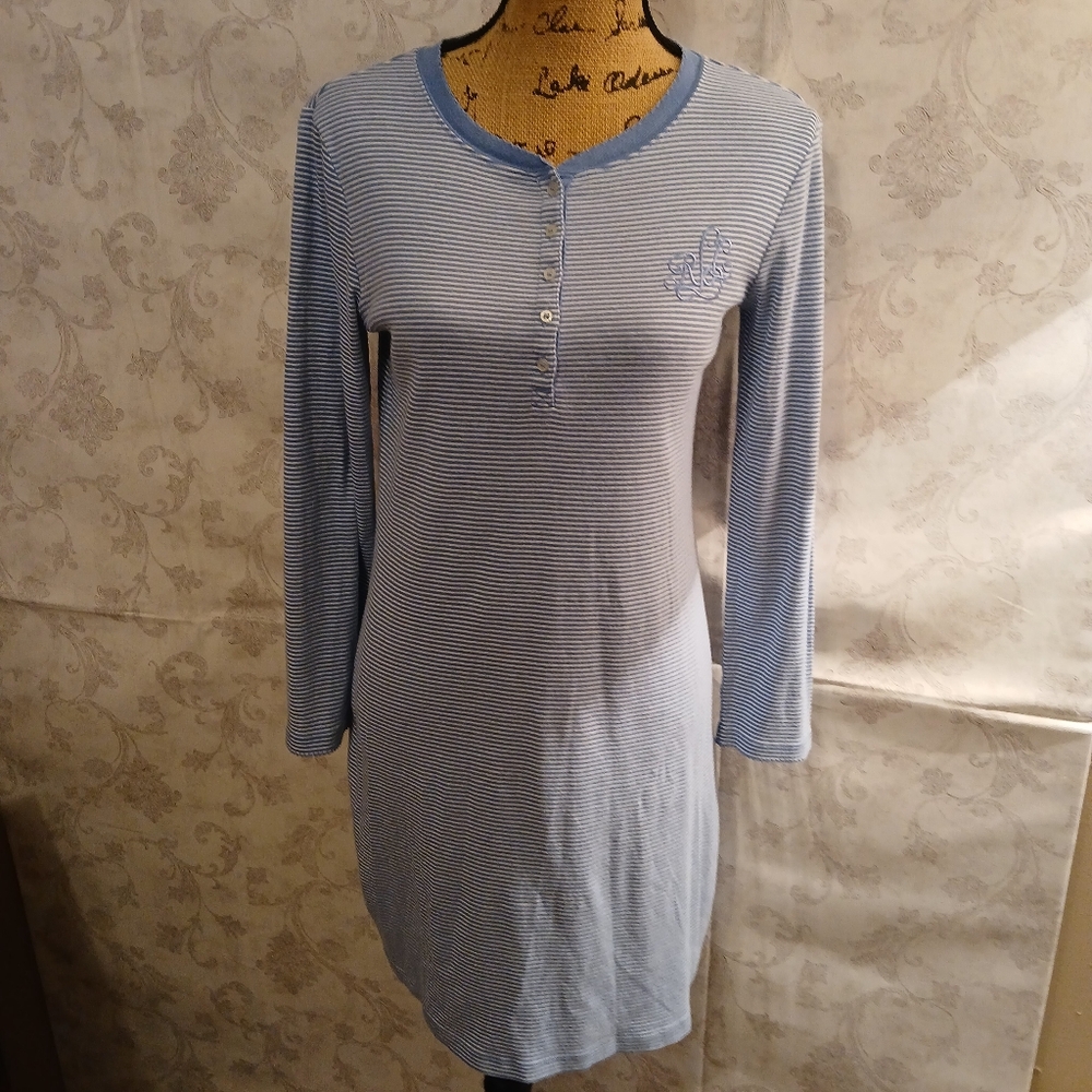 RALPH LAUREN COTTON BLUE &WHITE STRIPED LONG SLEEVE NIGHTGOWN SMALL